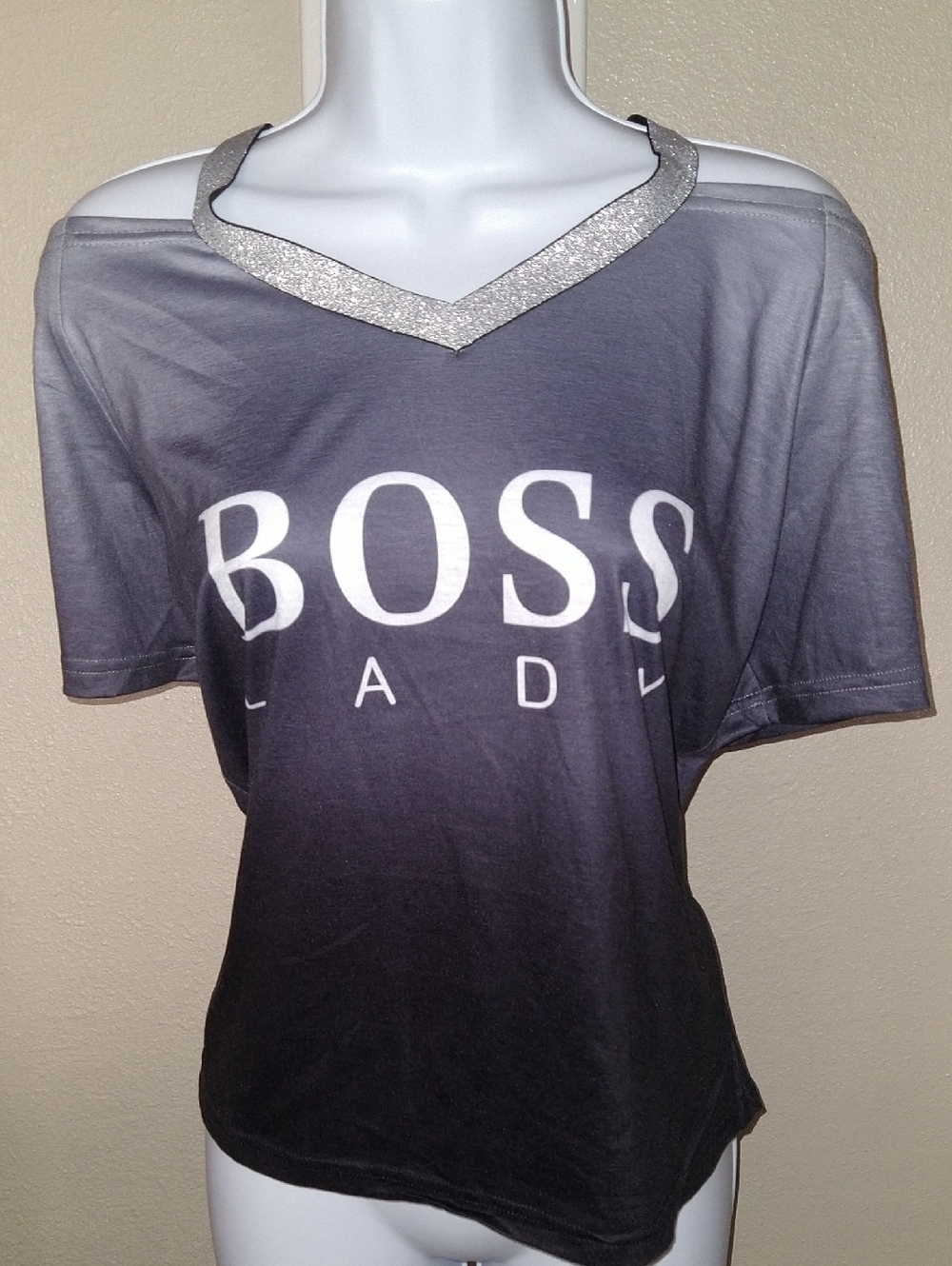 NWOT Boss Lady Gray Ombre V-Neck Peek-a-boo Tee with Sparkle Trim